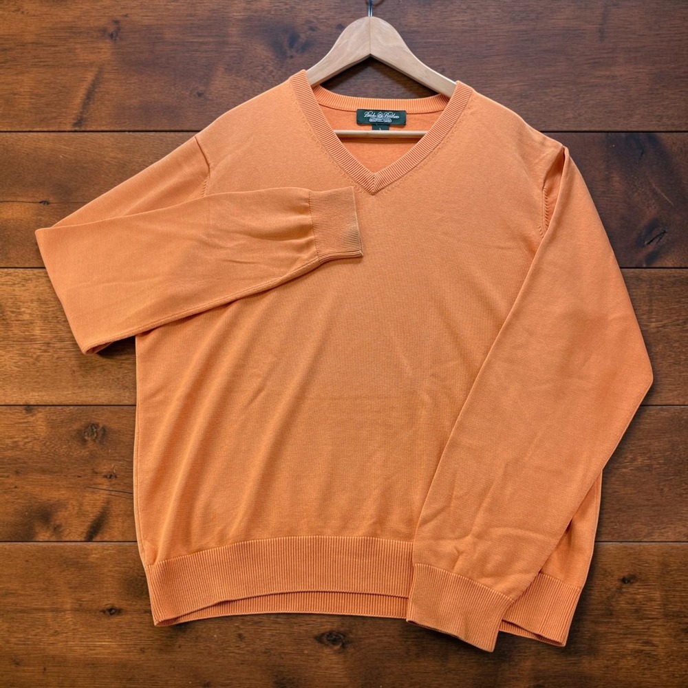 Brooks Brothers Country Club Orange Silk Cotton V-Neck Sweater Mens Large